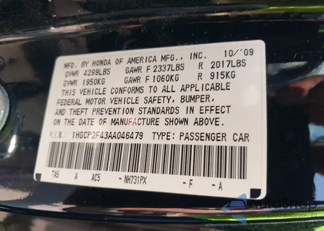 2010 Honda Accord Lxp z USA, uszkodzony, nr VIN 1HGCP2F43AA046479